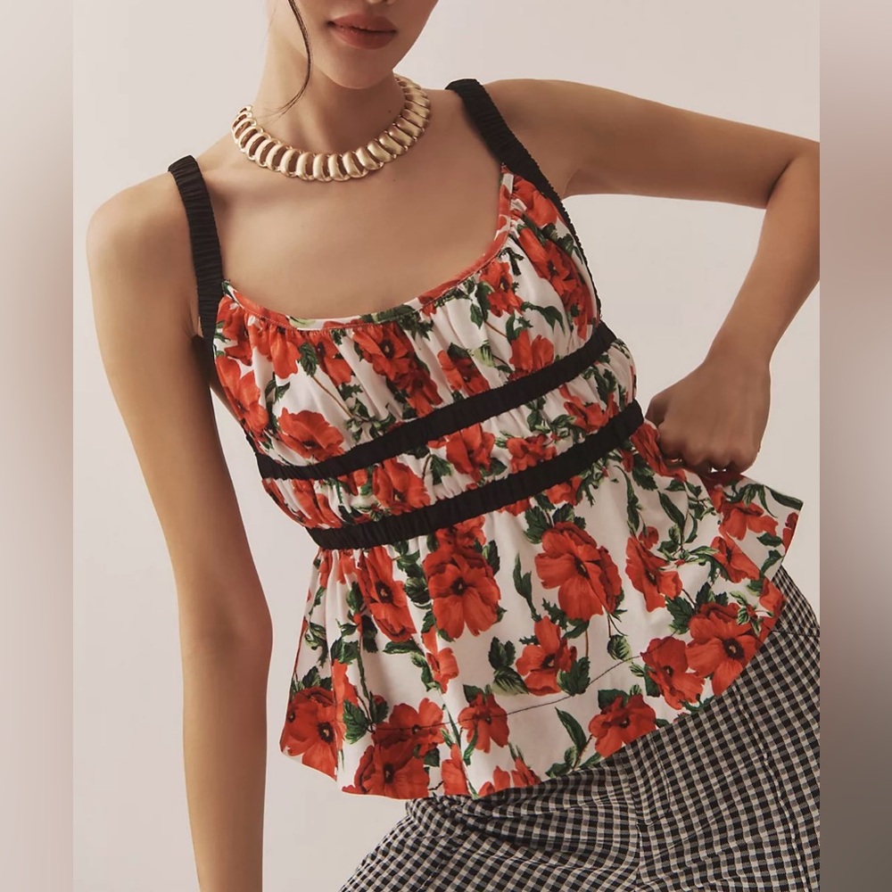 Anthropologie White and Red Floral Tank Top